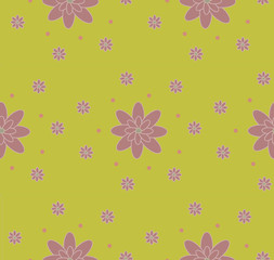 Seamless pattern the cute purple flowers with dots on the light green background.Can be used to create paper for wrapping gifts, wallpaper, fabrics, home textiles and background for website. Vector