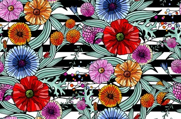 Seamless pattern of poppy flowers with leaves and chamomile flowers on black and white background. Vector pattern