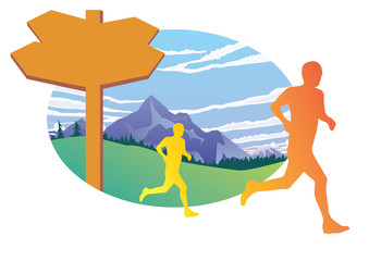 Marathon runners in wild nature mountain landscape background illustration vector