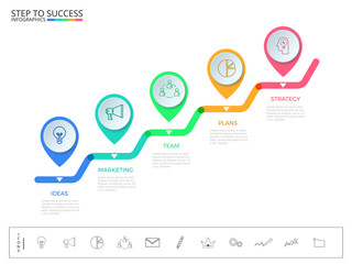 Stair step to success concept. Business timeline modern colorful pointer infographics template with icons and elements. Can be used for workflow layout, banner, diagram, number options, web design.