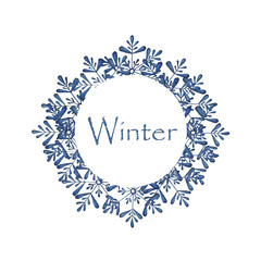 watercolor painting of Winter circle frame with snowflake drawing.