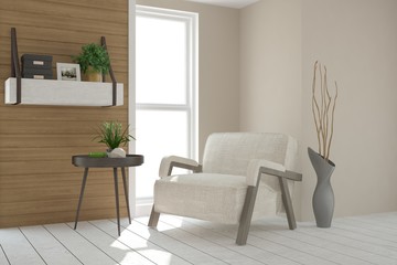 White modern room with armchair. Scandinavian interior design. 3D illustration