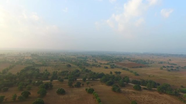 Landscape view of Bagan plains in Myanmar from hot air balloon.