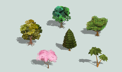 Obraz premium Set of vector 3D isometric trees with shadow. Collection of icons of street plants for creating your own design