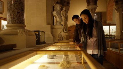  Asian couple in natural history museum looking into glass display case