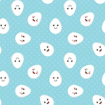Polka dots seamless pattern background with cute smiling chicken eggs.