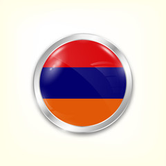 Round button national flag of Armenia with the reflection of light and shadow. Icon country. Realistic vector illustration.