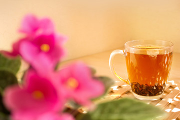 Cup glass of black tea on a wooden background. Morning, sunny and warm weather