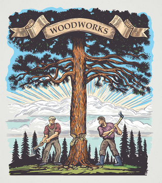 Two of the lumberjack chopped the tree with axes. Illustration made in graphic style and painted in color.