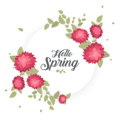 Round banner with the Hello Spring logo. Card for spring season with white frame and herb. Promotion offer with spring plants, leaves and flowers decoration. Vector.