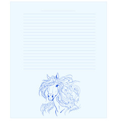 Notepad page. A horse with flowers in the mane. Diary page.