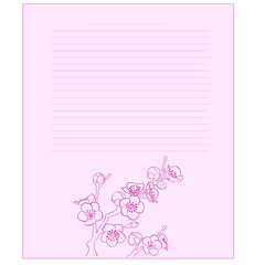 Diary page. Flowering sakura on a pink background. Sheet with space for text.