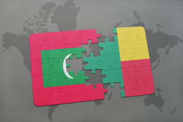 puzzle with the national flag of maldives and benin on a world map
