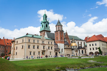 Fototapeta na wymiar Panoramic view of a Wawel castle and Cathedral with garden in the foreground, Cracow, Poland.