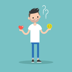 Money or love. Difficult choice. Decision making / Flat editable vector illustration, clip art