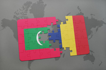 puzzle with the national flag of maldives and chad on a world map