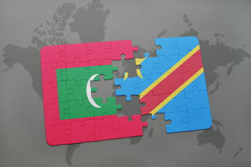 puzzle with the national flag of maldives and democratic republic of the congo on a world map