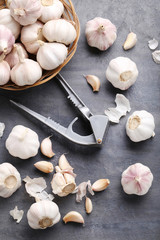 Garlic on the grey wooden table