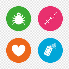 Fototapeta premium Bug and vaccine signs. Heart, spray can icons.