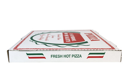 Top, side and front view of isolated pizza box.