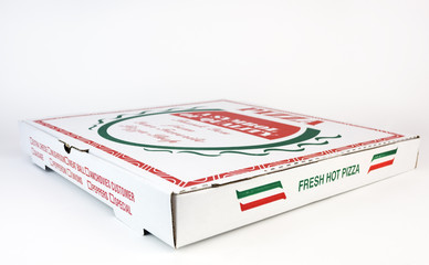 Top, side and front view of isolated pizza box.