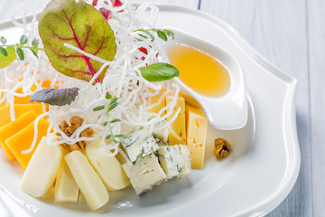 Restaurant cheese plate - various types of cheeses with walnuts with chips on white plate. Close up image with selective focus