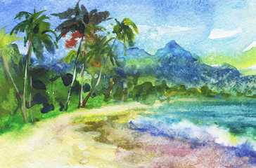 Watercolor seascape with mountains and palm. Hand drawn beach and sea illustration. Nature tropical landscape background