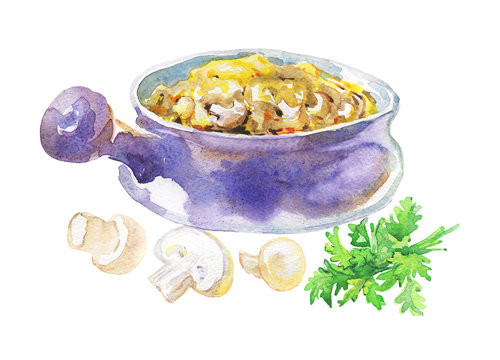 Vintage still life. Hand drawn julienne on white background. Watercolor mushrooms, parsley, champignons, greenery. Isolated dish and vegetables illustration in rustic style