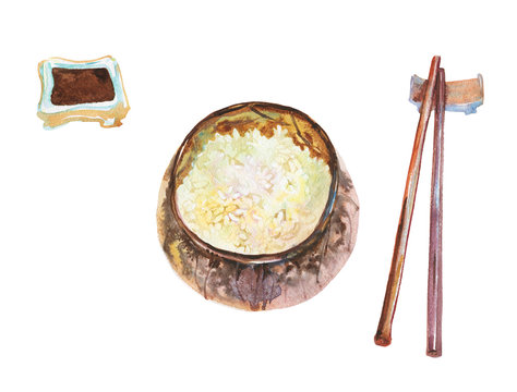Watercolor set of asian food. Hand drawn wood bowl of rice, sticks. Isolated thai street food illustration on white background