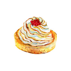     Watercolor tart with meringue and berries. Hand drawn isolated cake illustration on white background