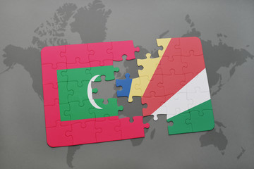puzzle with the national flag of maldives and seychelles on a world map