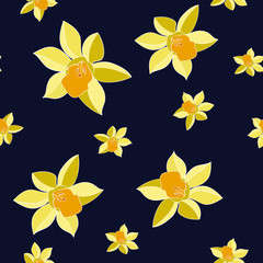 Seamless Vector Yellow daffodil flowers on dark background. Floral pattern with narcissus flowers. Fashion style for prints, silk textile, cushion pillow, kerchief. Texture for clothes, bedclothes