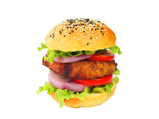 Big size pork chop steak hamburger fast food isolated on white with clipping path