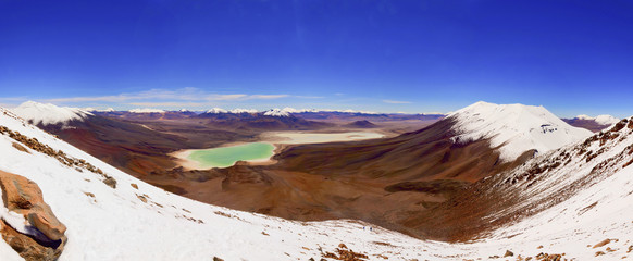  From the slope of volcano Likankabur at the altitude of 5500 meters in the Andes mountain / Panoramic View from the High altitude Andean landscape