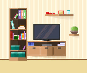 Design TV zone in a flat style. Interior living room with furniture, tv and shelf. Vector illustration