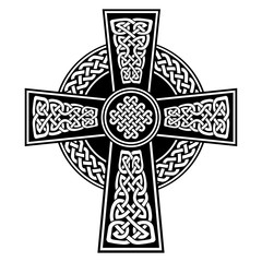 Celtic style Cross with  endless knots patterns in white and black with stroke elements inspired by Irish St Patrick's Day, and Irish and Scottish carving art
