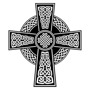 Celtic style Cross with  endless knots patterns in white and black with stroke elements inspired by Irish St Patrick's Day, and Irish and Scottish carving art
