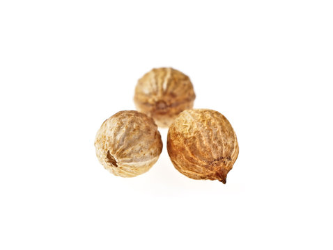 Coriander seeds isolated on white background, selective focus