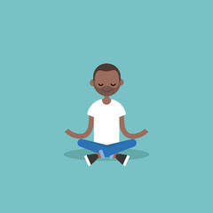 Young black man meditating with closed eyes in lotus pose. Yoga and meditation / flat editable vector illustration, clip art