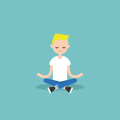 Young blond boy meditating with closed eyes in lotus pose. Yoga and meditation / flat editable vector illustration, clip art