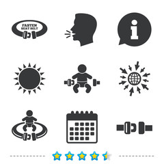 Fasten seat belt signs. Child safety in accident.