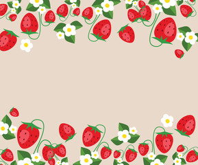 Frame template with strawberries, leafs and flowers. Vector background