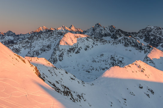 Poland, Winter High Tatras seen from Zawrat pass in the evening