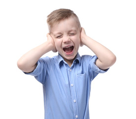 Cute little boy covering ears with hands, on white background