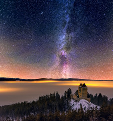 landscape, night, kašperk, castle,forest, milky way, city, tree, stars, mountains, church, fog,...
