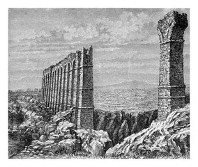 Ruins of the ancient aqueduct of Carthage,  one of the most longest of the Roman empire, XIX century engraving
