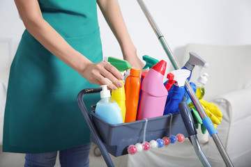 Woman with cleaning agents and supplies at home