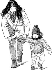 young mother with her kid walking