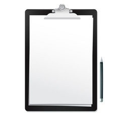 Realistic black clipboard with white empty page and pen on white background. Vector mockup for your sketches and inscriptions presentation.