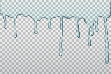 Dripping water on transparent background. Realistic rain drops. Vector illustration.